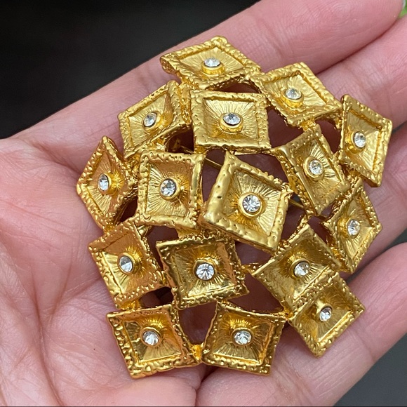 Vintage Unsigned Gold-tone Mini Squares Dome Rhinestone Brooch New (Old Stock) - Picture 5 of 9